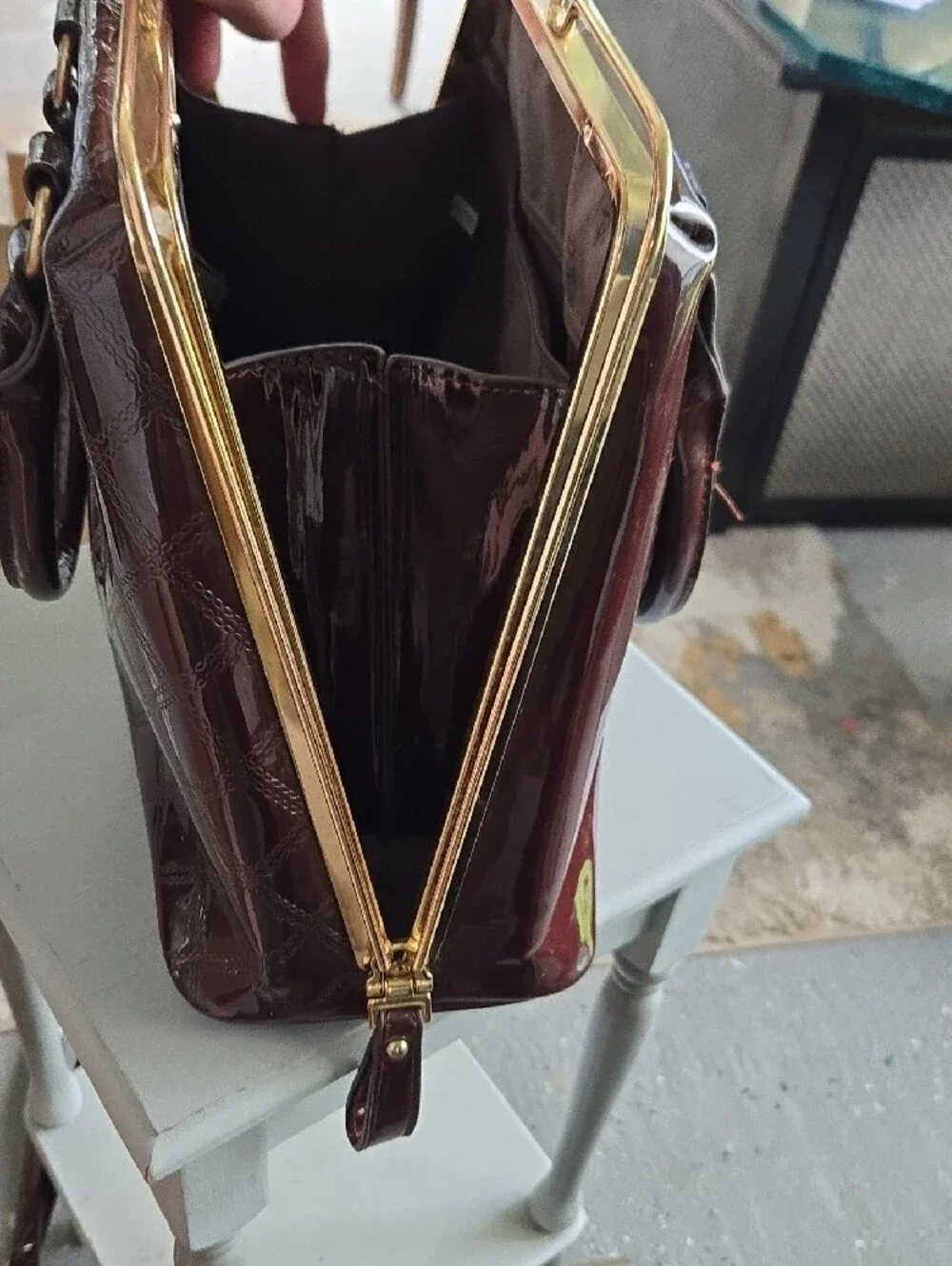 Gloss Quilted Satchel Bag in Dark Brown with Gold Frame